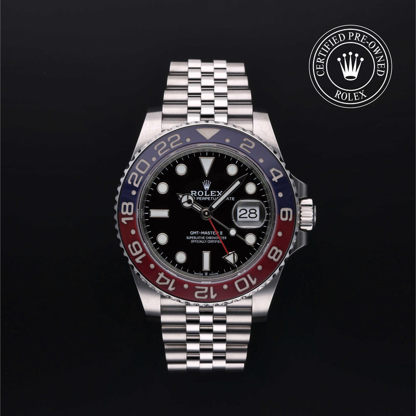 Rolex Certified Pre-owned GMT M126710BLRO-0001 front on black background
