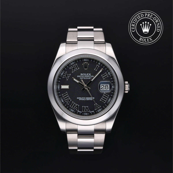 Rolex Certified Pre-owned Datejust M116300-0006 front on black background