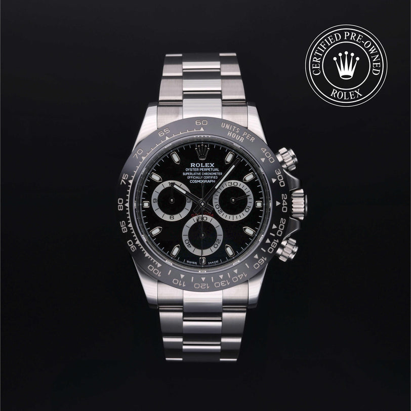 Rolex Certified Pre-owned Daytona M116500LN-0002 front on black background