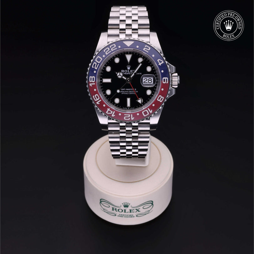 Rolex Certified Pre-owned GMT M126710BLRO-0001 front on black background