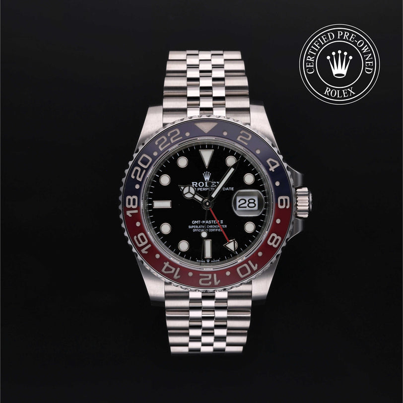 Rolex Certified Pre-owned GMT M126710BLRO-0001 front on black background