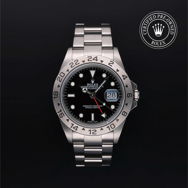 Rolex Certified Pre-owned Explorer M16570-0005 front on black background