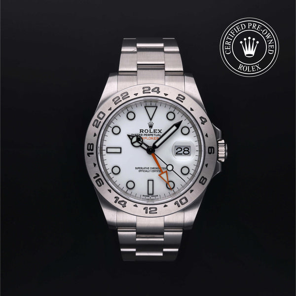Rolex Certified Pre-owned Explorer II M216570-0001 front on black background