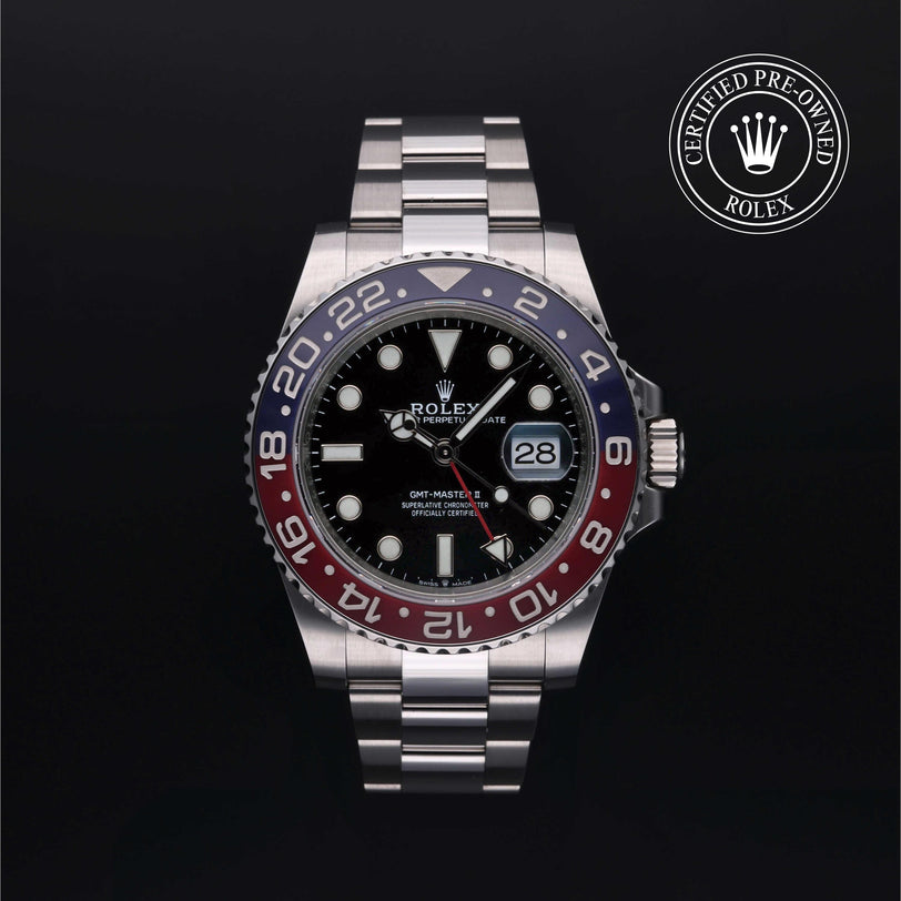 Rolex Certified Pre-owned GMT M126710BLRO-0002 front on black background