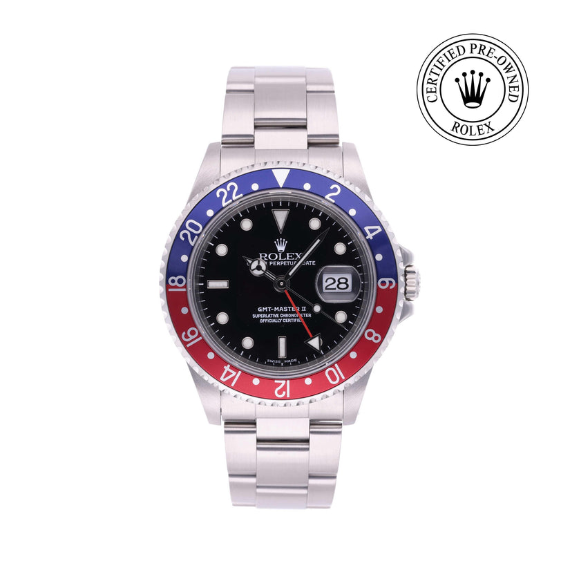 Rolex Certified Pre-owned GMT M16710BLRO-0005 front on white background