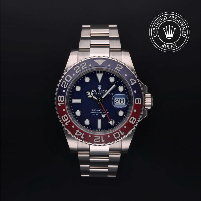 Rolex Certified Pre-owned GMT M126719BLRO-0003 front on black background
