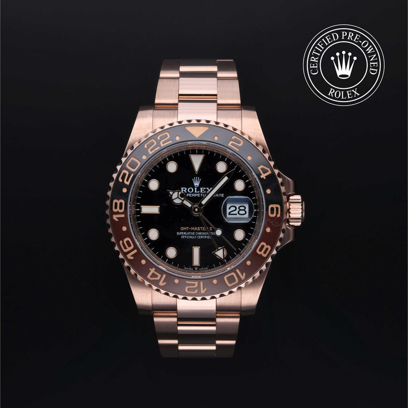 Rolex Certified Pre-owned GMT M126715CHNR-0001 front on black background
