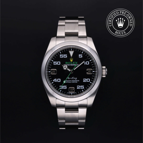 Rolex Certified Pre-owned Air-King M116900-0001 front on black background