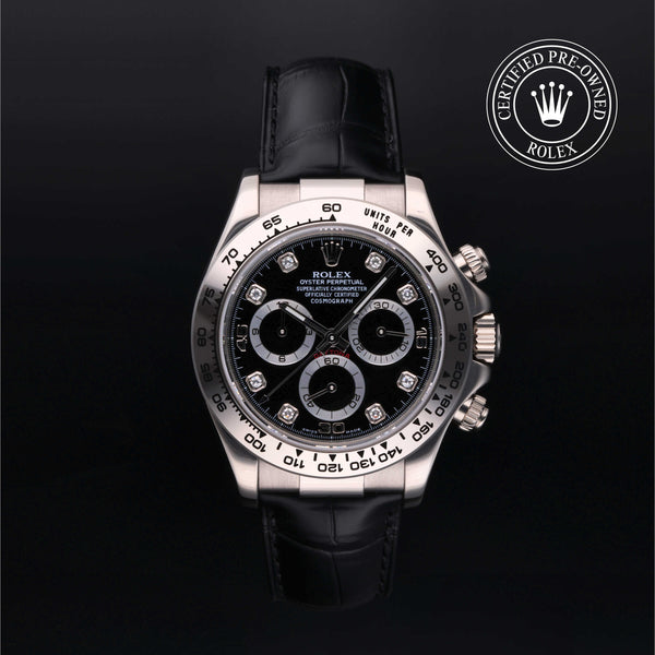 Rolex Certified Pre-owned Daytona M116519-0043 front on black background