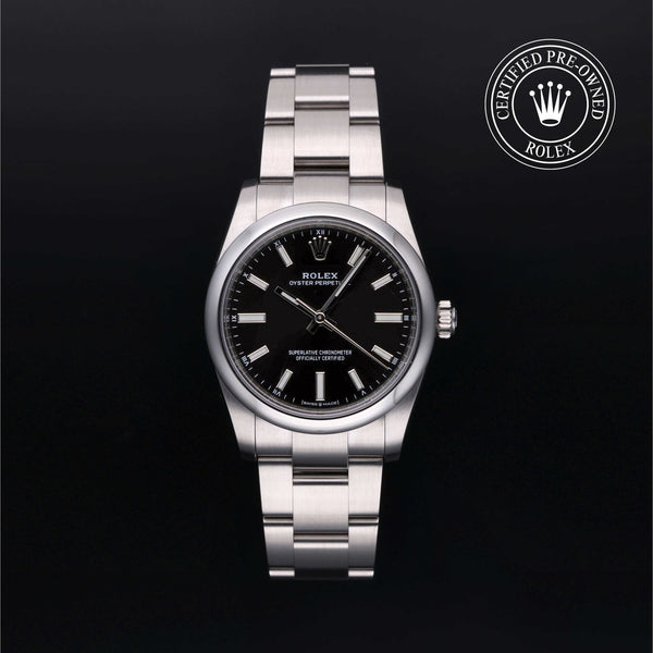 Rolex Certified Pre-owned Oyster Perpetual M124200-0002 front on black background