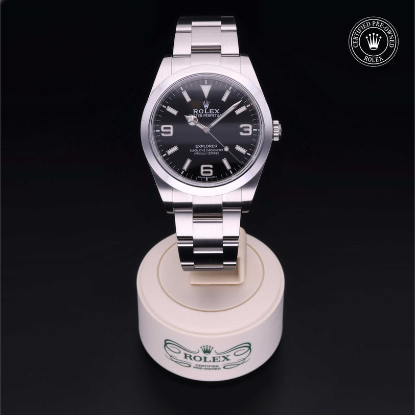 Rolex Certified Pre-owned Explorer M214270-0003 front on black background