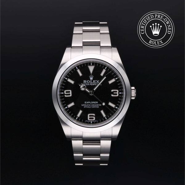 Rolex Certified Pre-owned Explorer M214270-0003 front on black background