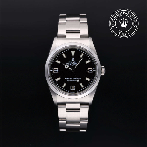 Rolex Certified Pre-owned Explorer M14270-0001 front on black background