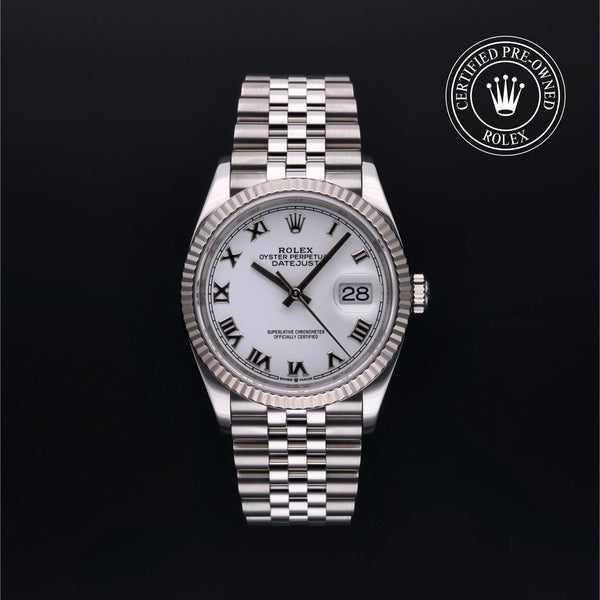 Rolex Certified Pre-owned Datejust M126234-0025 front on black background