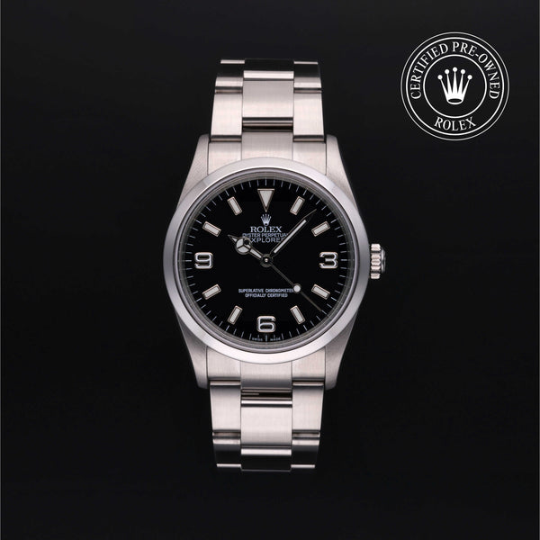 Rolex Certified Pre-owned Explorer M114270-0002 front on black background
