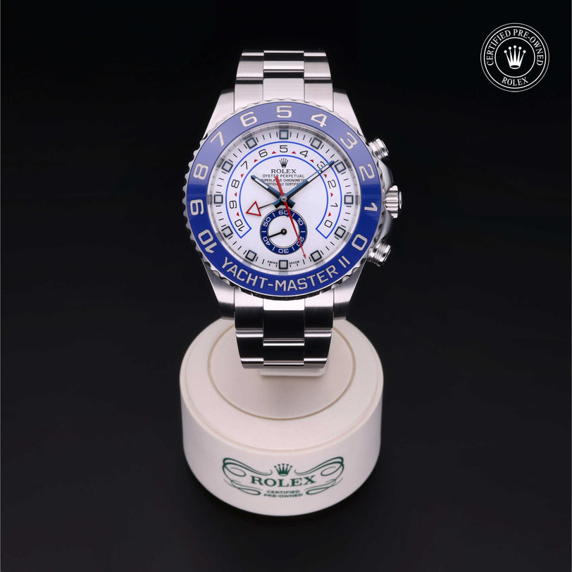 Rolex Certified Pre-owned Yacht-Master II M116680-0001 front on black background