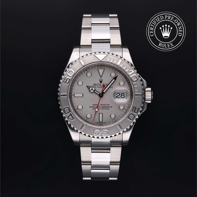 Rolex Certified Pre-owned Yacht-Master M116622-0002 front on black background