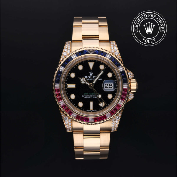 Rolex Certified Pre-owned GMT II M116758SARU-0001 front on black background
