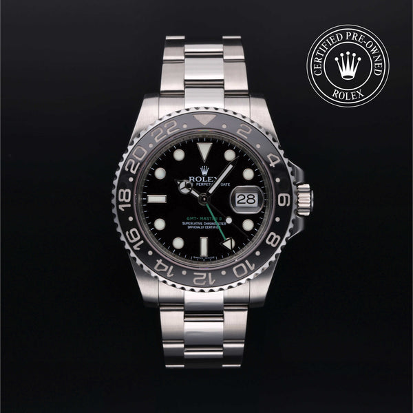 Rolex Certified Pre-owned GMT II M116710LN-0001 front on black background