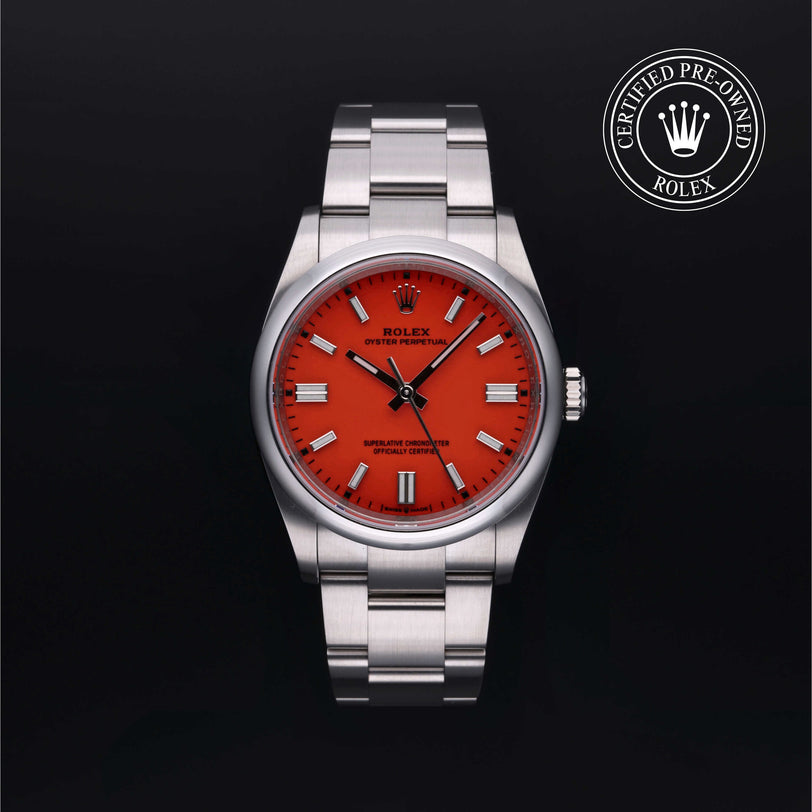 Rolex Certified Pre-owned Oyster Perpetual M126000-0007 front on black background