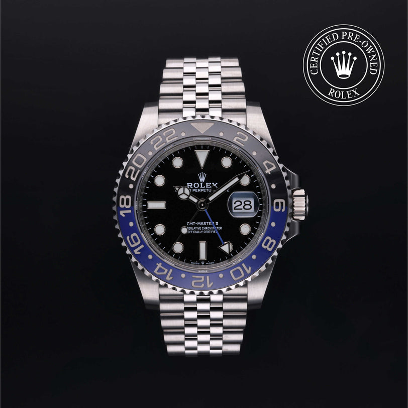 Rolex Certified Pre-owned GMT M126710BLNR-0002 front on black background
