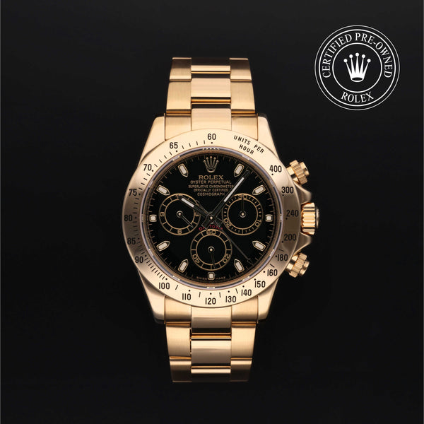 Rolex Certified Pre-owned Daytona M116528-0014 front on black background