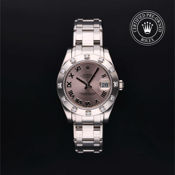 Rolex Certified Pre-owned Lady Datejust Pearlmaster M81319-0028 front on black background