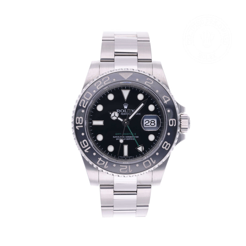 Rolex Certified Pre-owned GMT II M116710LN-0001 front on white background