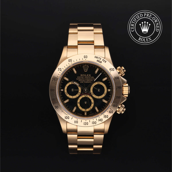 Rolex Certified Pre-owned Daytona M16528-0004 front on black background