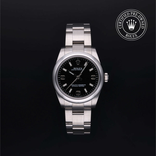Rolex Certified Pre-owned Lady Oyster Perpetual M177200-0004 front on black background