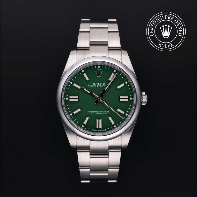 Rolex Certified Pre-owned Oyster Perpetual M124300-0005 front on black background