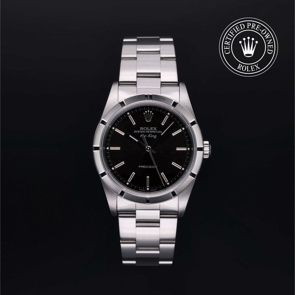 Rolex Certified Pre-owned Air-King M14010M-0012 front on black background