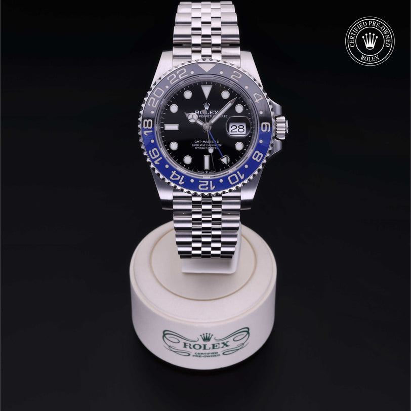 Rolex Certified Pre-owned GMT II M126710BLNR-0002 front on black background