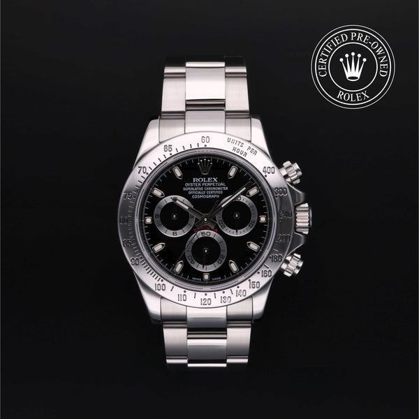 Rolex Certified Pre-owned Daytona M116520-0015 front on black background