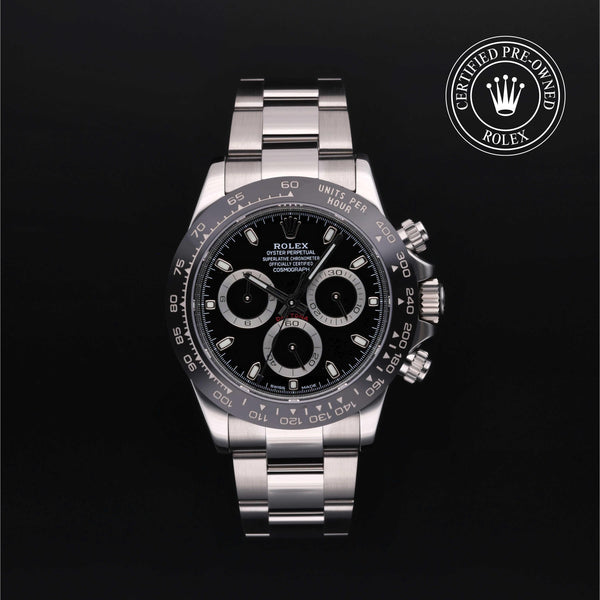 Rolex Certified Pre-owned Daytona M116500LN-0002 front on black background