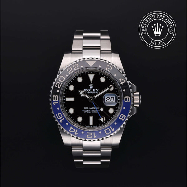 Rolex Certified Pre-owned GMT II M126710BLNR-0003 front on black background