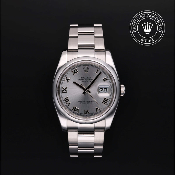 Rolex Certified Pre-owned Datejust M116200-0017 front on black background