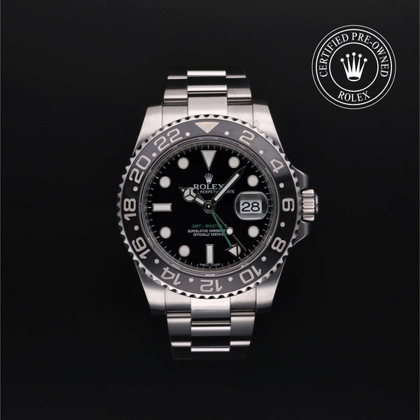 Rolex Certified Pre-owned GMT M116710LN-0001 front on black background