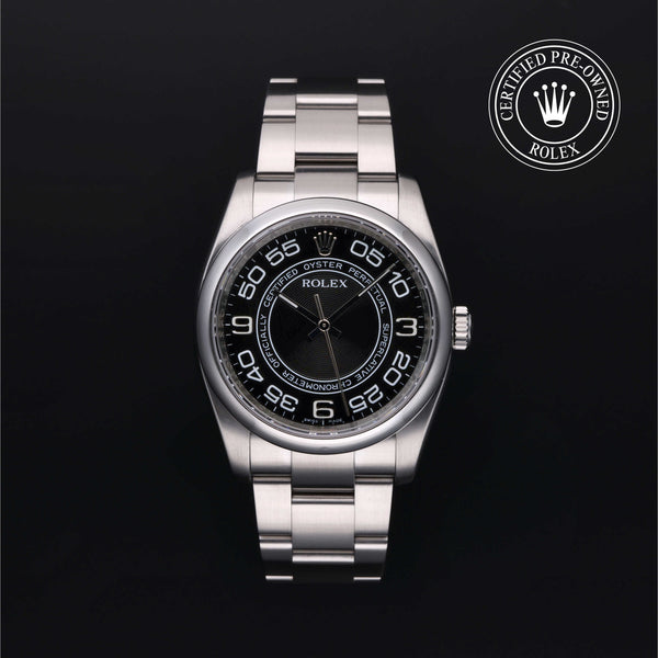 Rolex Certified Pre-owned Oyster Perpetual M116000-0005 front on black background
