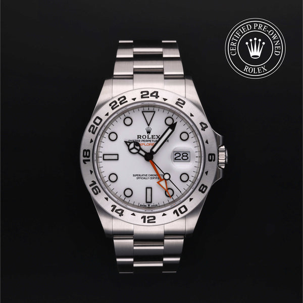 Rolex Certified Pre-owned Explorer II M226570-0001 front on black background