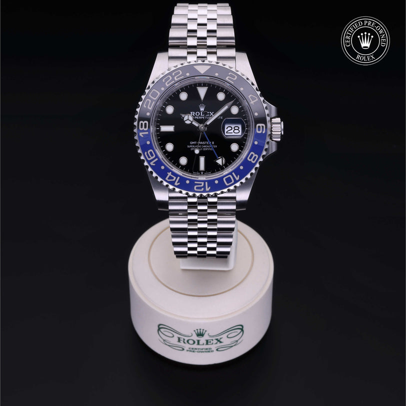 Rolex Certified Pre-owned GMT M126710BLNR-0002 front on black background