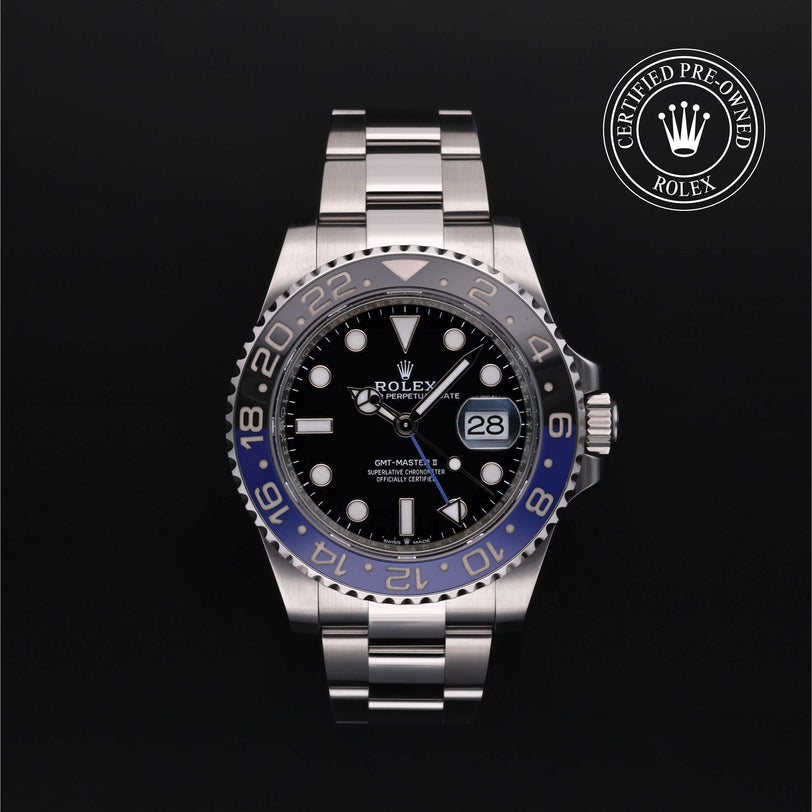 Rolex Certified Pre-owned GMT M126710BLNR-0003 front on black background