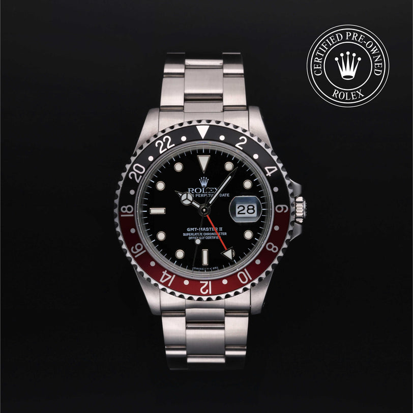 Rolex Certified Pre-owned GMT M16710-0009 front on black background