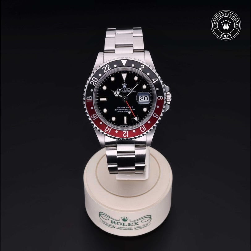 Rolex Certified Pre-owned GMT M16710-0009 front on black background