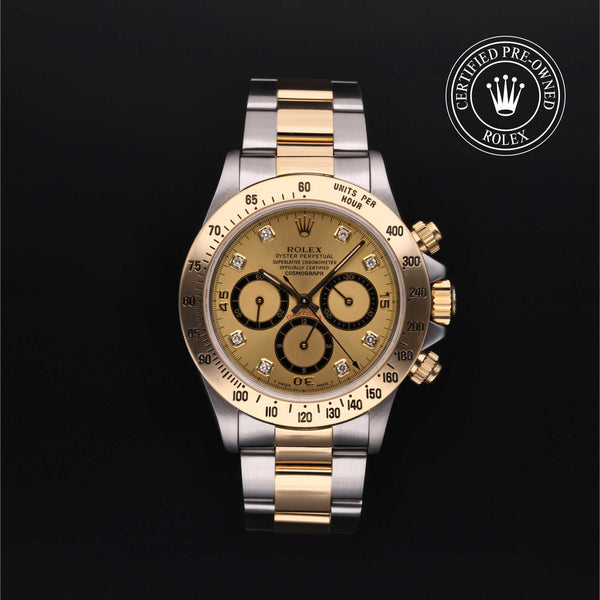 Rolex Certified Pre-owned Daytona M16523-0010 front on black background