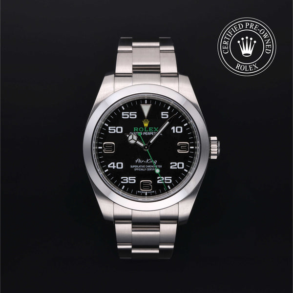 Rolex Certified Pre-owned Air-King M116900-0001 front on black background