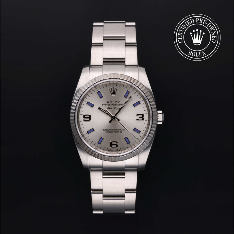 Rolex Certified Pre-owned Air-King M114234-0011 front on black background
