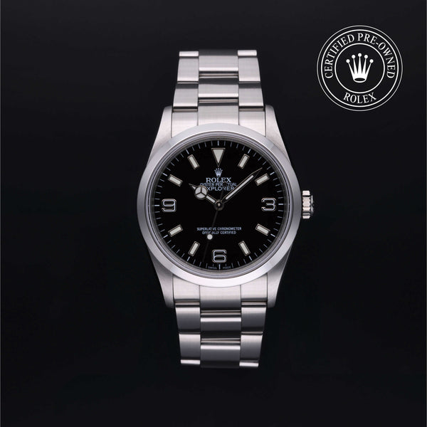 Rolex Certified Pre-owned Explorer M114270-0002 front on black background