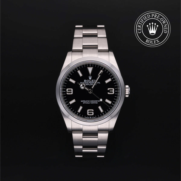 Rolex Certified Pre-owned Explorer M124270-0001 front on black background