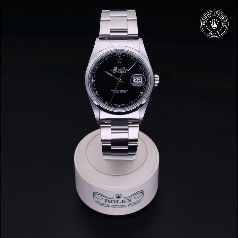 Rolex Certified Pre-owned Datejust M16200-0037 front on black background